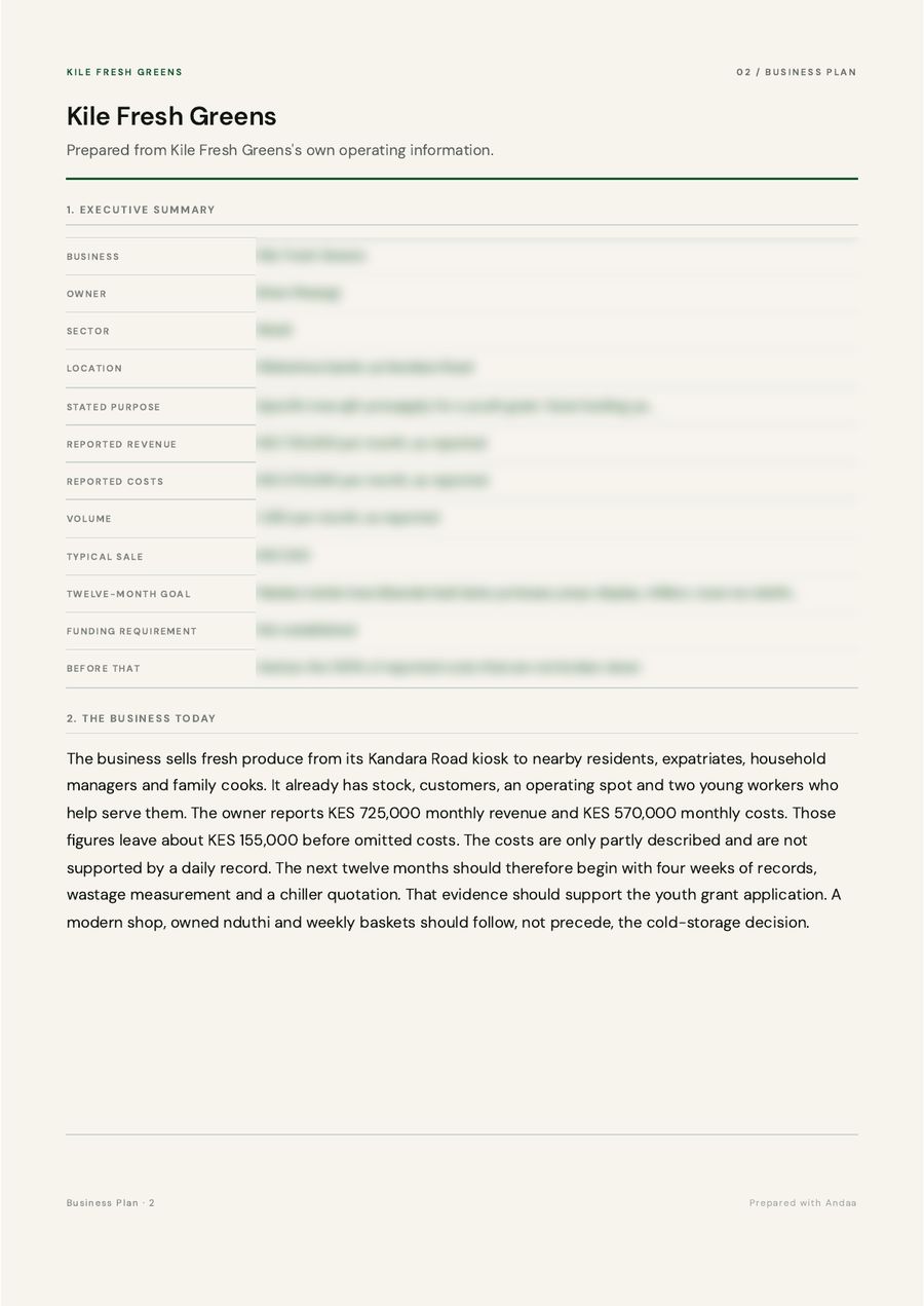 Business plan for Kile Fresh Greens, page 2